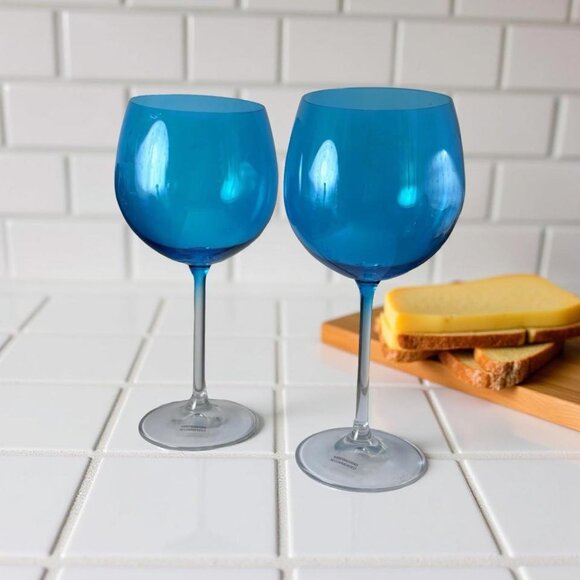 2 Crate & Barrel Gem Wine Glasses – Aqua Balloon Style – 21 oz – Pair Made in Sl - Picture 1 of 10